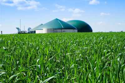 Biogasanlage umgeben von jungem Getriedebestand