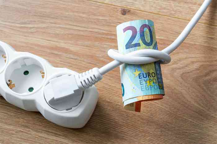 Weißes Elektrokabel wobei mit einem Knoten daran Geldscheine befestigt sind - © Maryia - stock.adobe.com